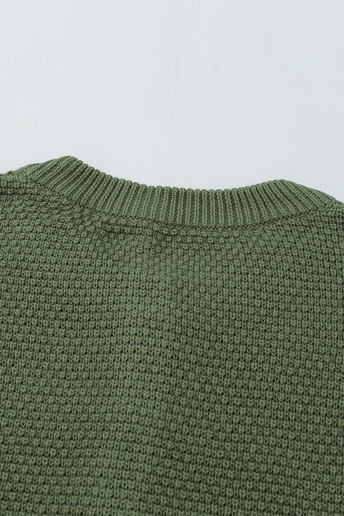 Henley Button Placket Side Slit Drop Shoulder Pullover Knit Sweater